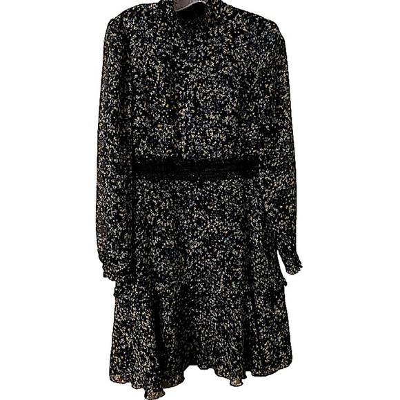 Donna Morgan Jade Black Small Floral Print Long Sleeves Ruffles Zip Dress Size 4 - Picture 3 of 11